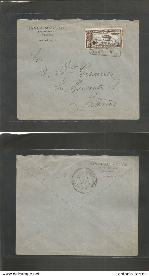 E-Alfonso Xiii. 1926 (16 Sept) Cruz Roja Española. 30 Cts Barcelona Correo Interior. Bonita Carta Circulada. - Other & Unclassified