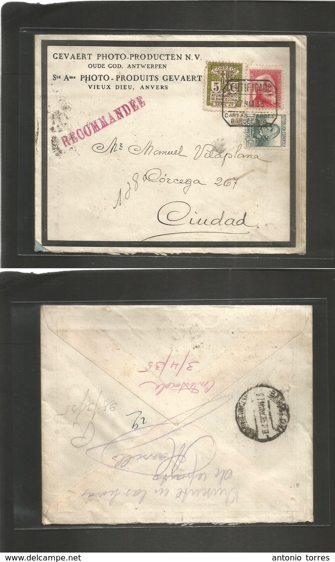 E-Provincias. 1935 (27 Marzo) Barcelona. Correo Local Certificado. Matasello "cartas-tarde". Bonita. - Other & Unclassified