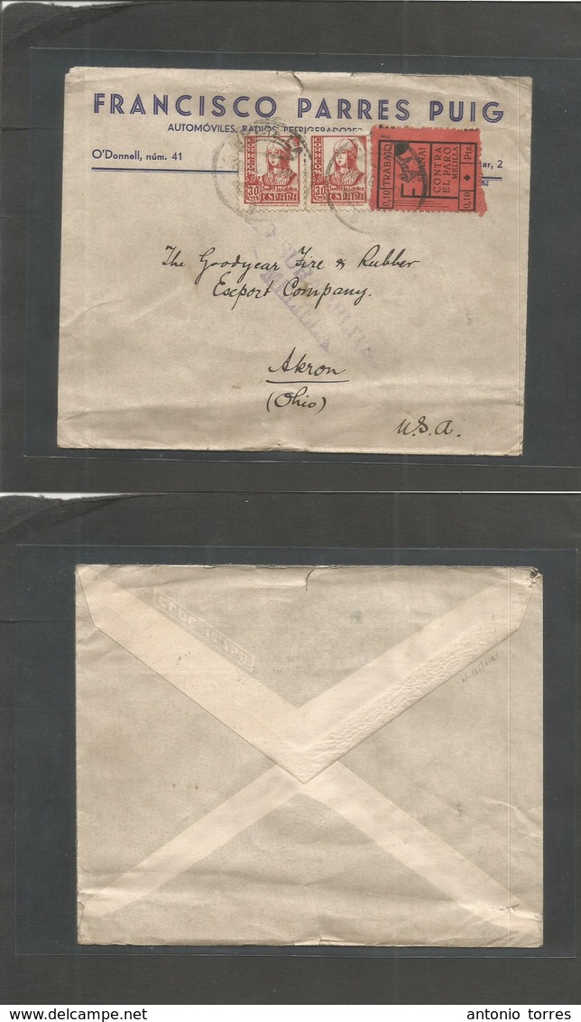 E-Estado Español. 1937 (10 Dic) Melilla - USA, Akron, OH. Sobre Franqueo Tarifa 60c (2ª Tarifa) Con Censura Y Sello Bene - Other & Unclassified