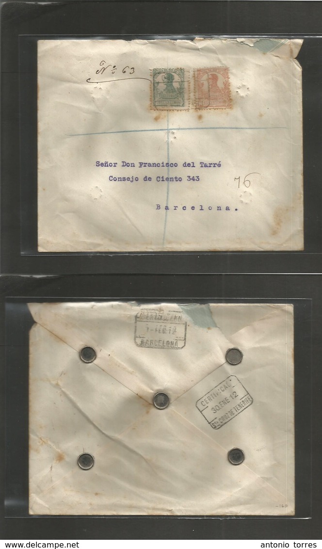 E-Rio De Oro. 1912 (28 Enero) R. Oro - Barcelona (7 Febr) Via S/C Tenerife (30 Enero) Sobre Franqueo Certificado. Muy Es - Other & Unclassified