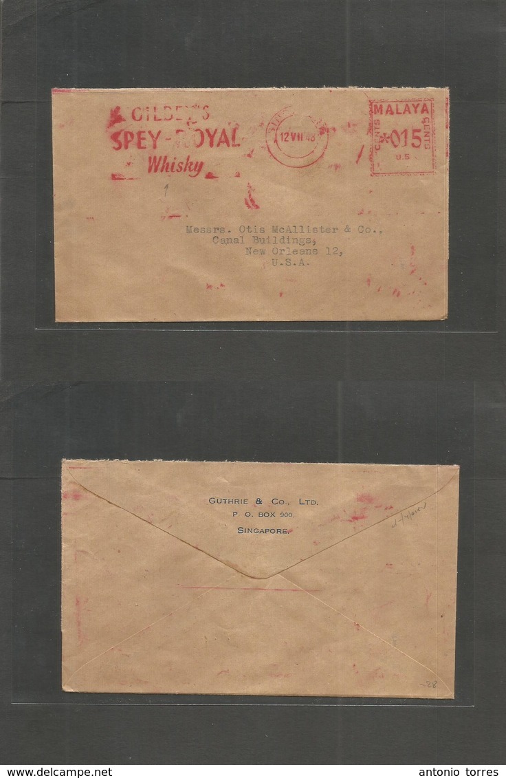 Straits Settlements Singapore. 1948 (12 July) Singapore - USA, New Orleans. Machine Fkd Envelope. Whisky Slogan Cachet + - Singapore (1959-...)
