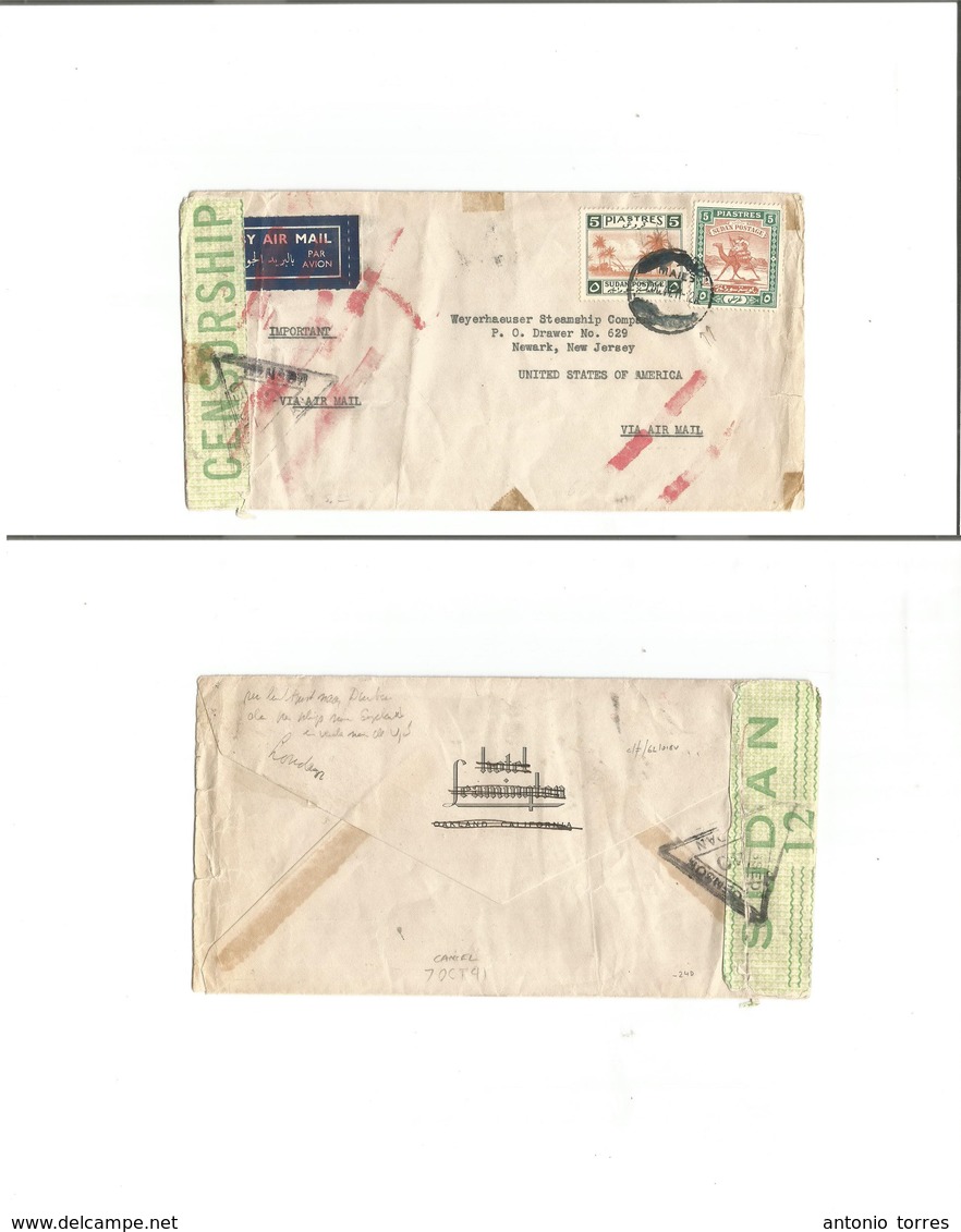 Sudan. 1941 (7 Oct) WWII. Air Multifkd Envelope To USA, Newark With Green Censor Label And Cross-out (by Censor) Origin  - Sudan (1954-...)