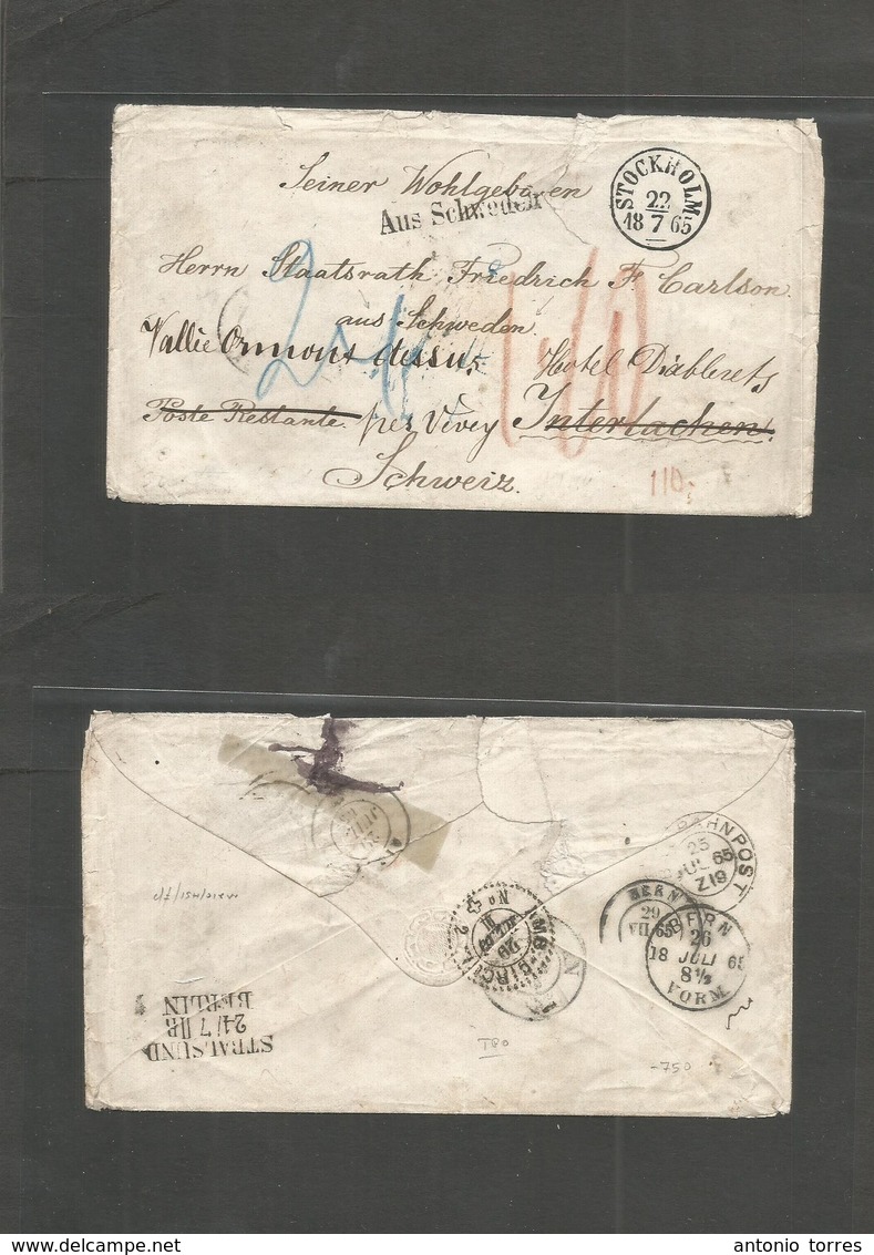 Sweden. 1865 (22 July) Stockholm - Switzerland, Interlaken, Fwded Vevey. "Aus Schweden" Cash Paid Multicharged Envelope. - Andere & Zonder Classificatie