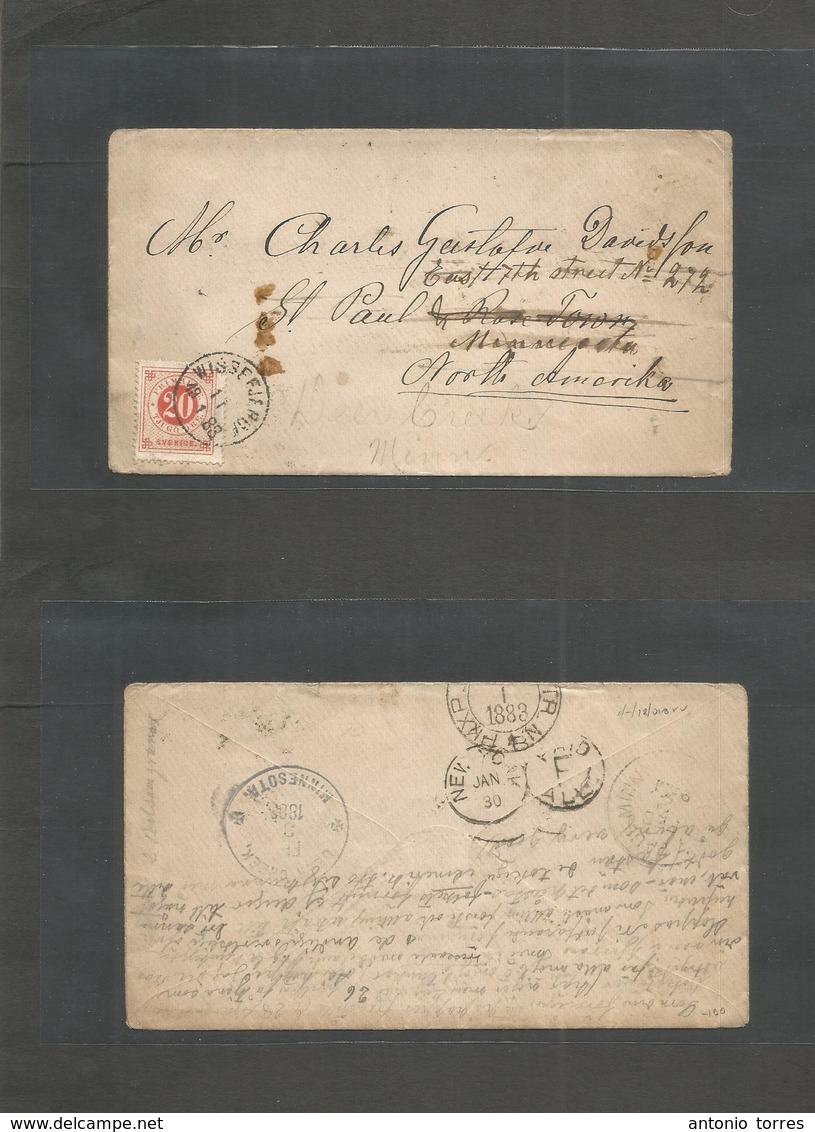 Sweden. 1883 (11 Jan) Wissefjjerof - USA, St. Paul, Minnesota (2 Febr) Fkd Envelope 20 Ore Red, Cds Via NY (30 Jan) And  - Other & Unclassified