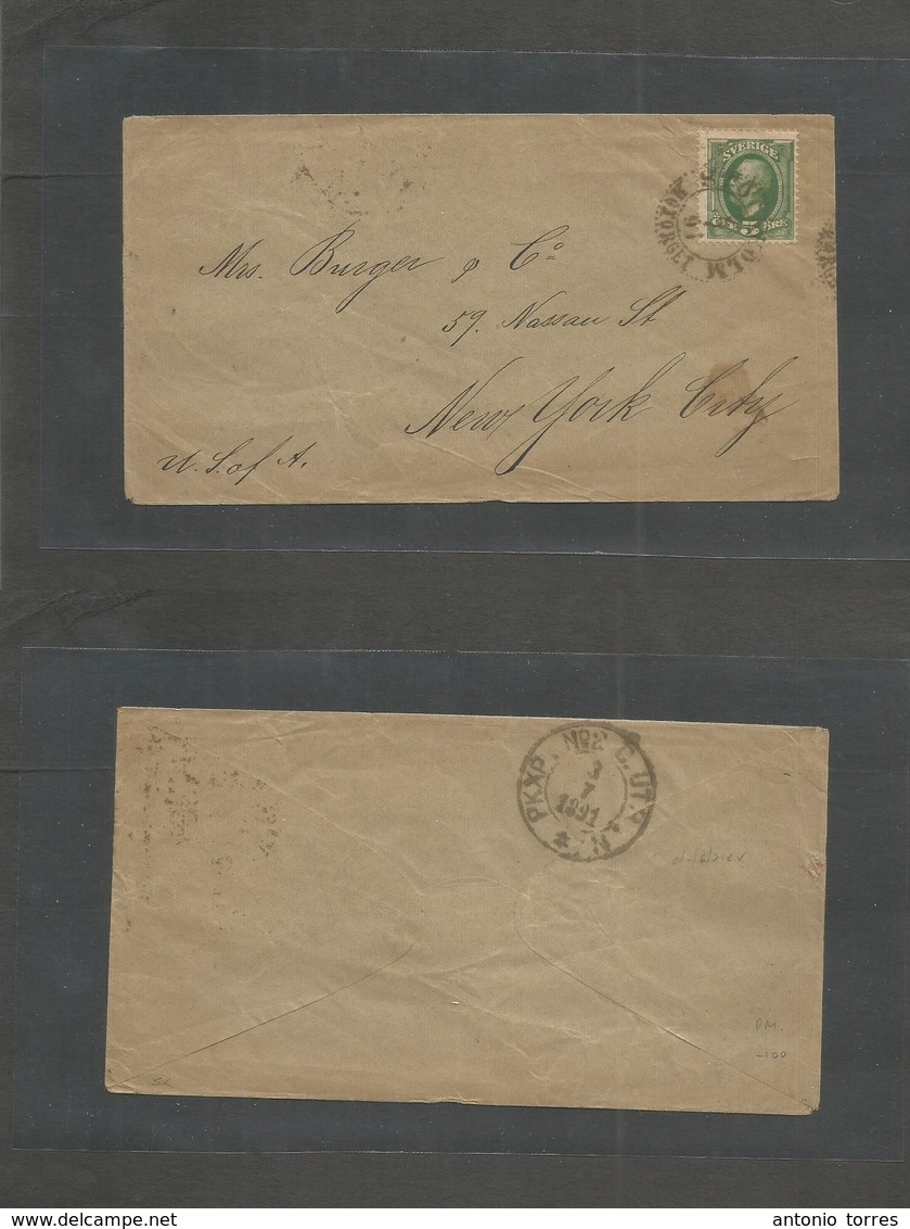 Sweden. 1891 (1 July) Stockholm - USA, NYC. Unsealed Pm Envelope Fkd 5 Ore Green, Tied Cds. - Other & Unclassified