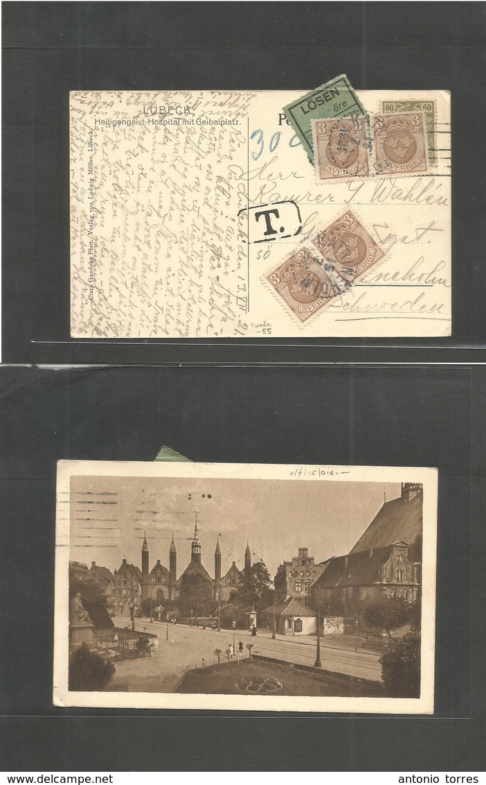 Sweden. 1921 (15 July) Germany - Katrinholm. Fkd Ppc + Taxed + 4 Swedish P. Dues + Tax Label, All Tied Cds. Fine Comb. - Andere & Zonder Classificatie
