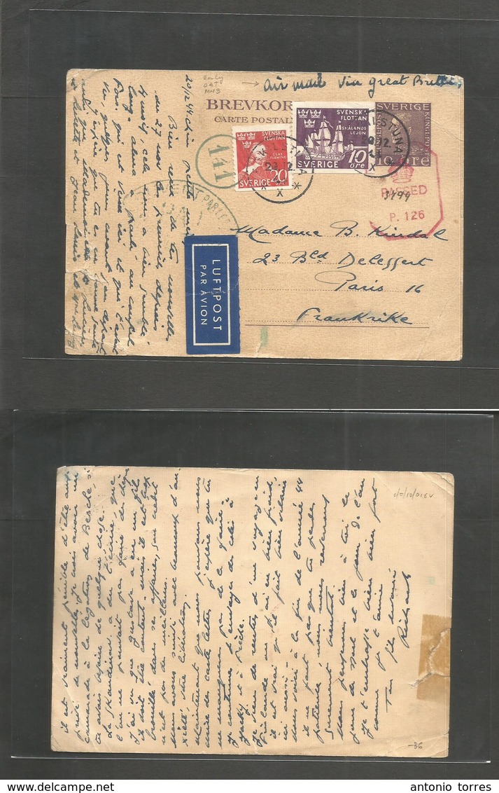 Sweden. 1944 (22 Dec) Rt. Kilstuna - France, Paris. Airmail Via GB. (OAS Early Fromat) 10 Ore Lilac Stat Card + 2 Adtls, - Other & Unclassified