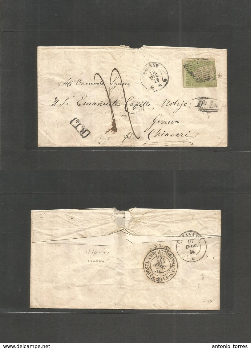 Switzerland. 1856 (12 Dec) Lugano - Italy, Genova (14 Dec) Per Chiaveri. Single 40c Imperf Sit Helvetia, Tied Romboid Gr - Andere & Zonder Classificatie
