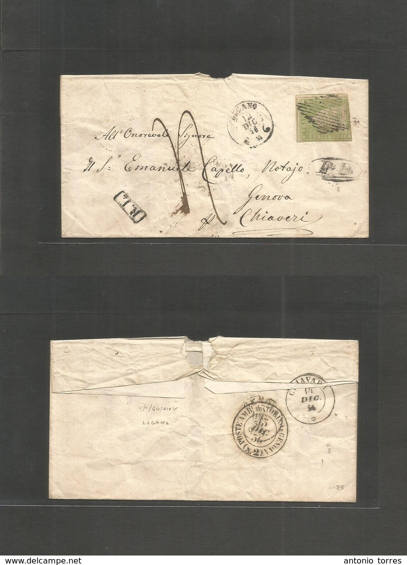 Switzerland. 1856 (12 Dec) Lugano - Italy, Genova (14 Dec) Per Chiaveri. Single 40c Imperf Sit Helvetia, Tied Romboid Gr - Other & Unclassified