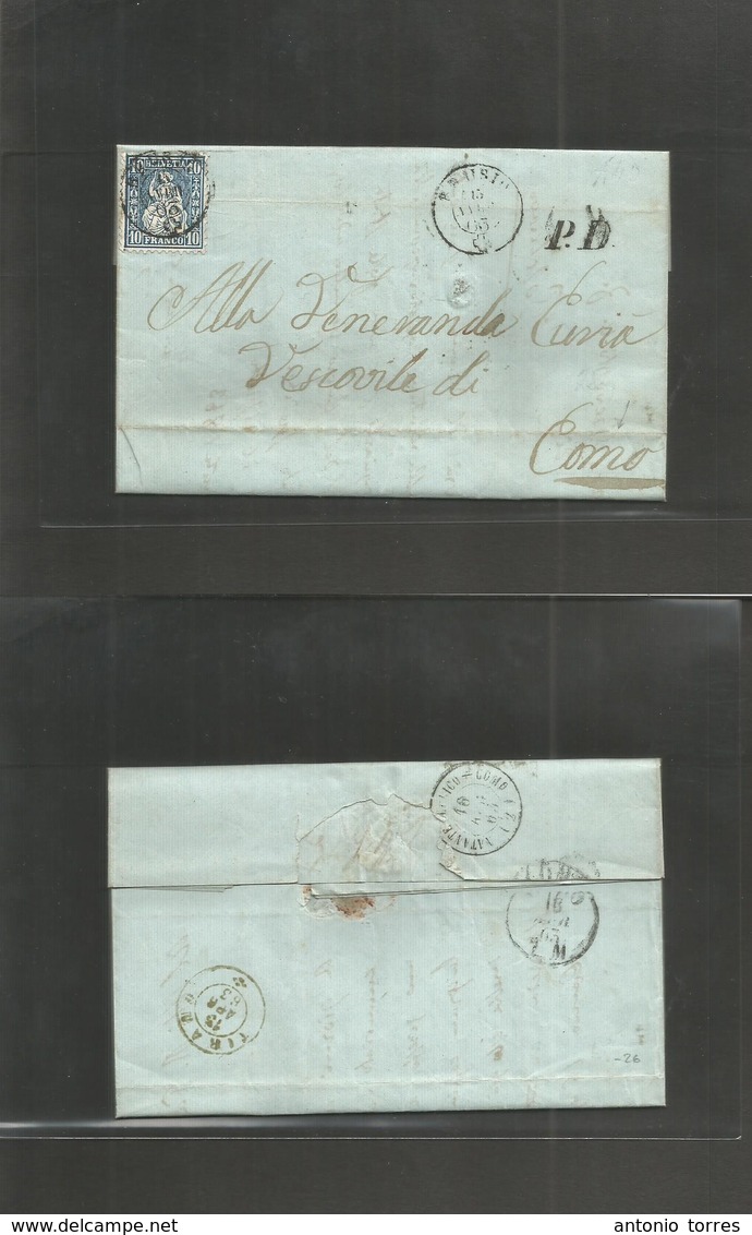 Switzerland. 1863 (15 Apr) Brusio - Como (16 Apr) Via Tirano - TPO Reverse Cds 10c Blue Fkd Env, Cds. VF. EL With Text. - Other & Unclassified