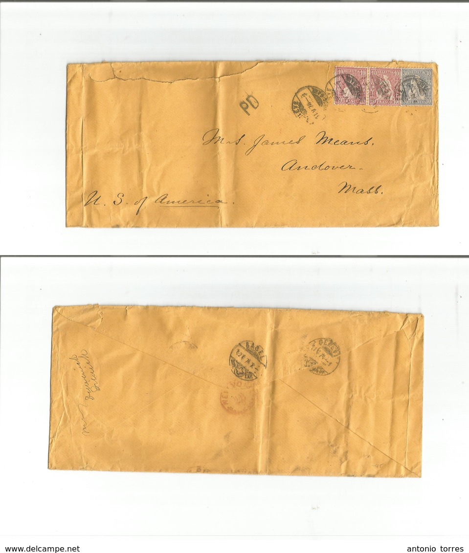 Switzerland. 1874 (11 May) Geneve - USA, Mass, Andover. Local Size + Multifkd Envelope. 10c Red (x2) + 30c + PD Via NY R - Other & Unclassified