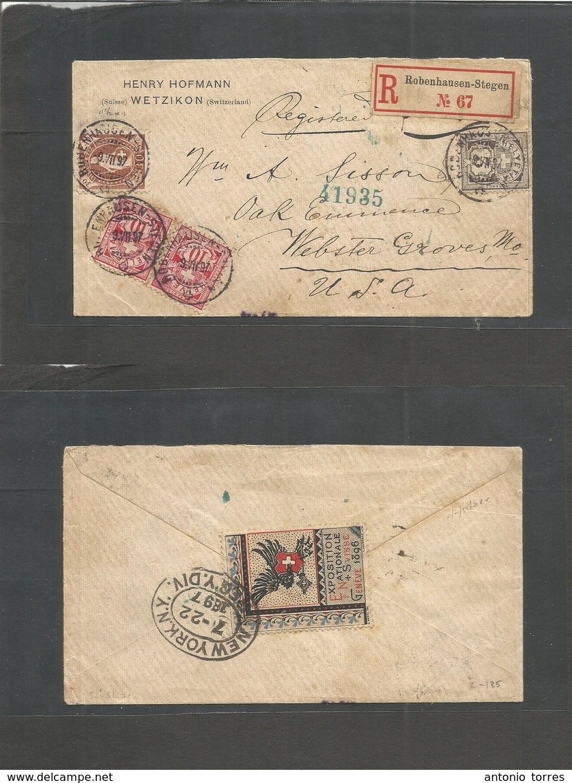 Switzerland. 1897 (9 July) Robenhausen - USA, Webster Groves, Mo (22 July) Registered Multifkd Mixed Issues Envelope Inc - Sonstige & Ohne Zuordnung