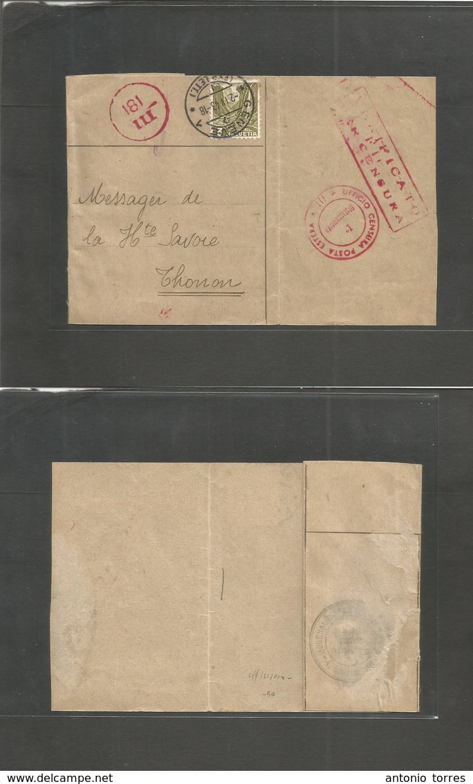 Switzerland - Xx. 1943 (2 Apr) Geneve - Thonon, Italy. Complete Wrapper Fkd 3c, Cds + Various Italian Censors. Shows Wel - Other & Unclassified