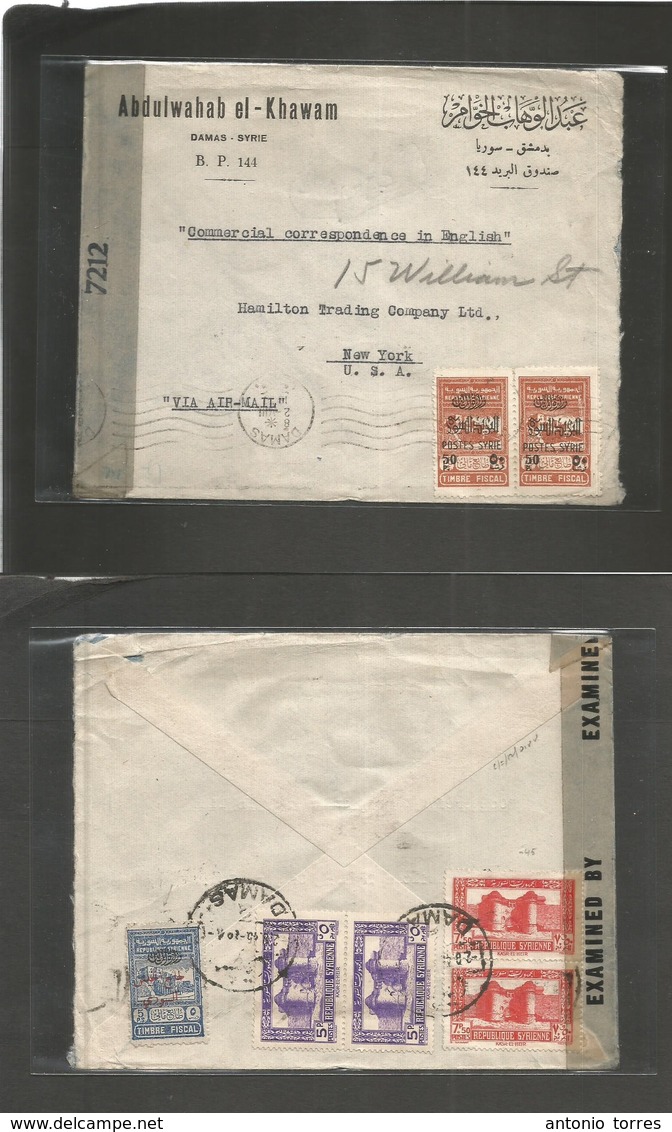 Syria. 1945 (2 Aug) Damas - USA, NYC. Front + Reverse Multifkd Env + Censor. Including Diff Fiscal Provisional Ovptd Val - Syrien