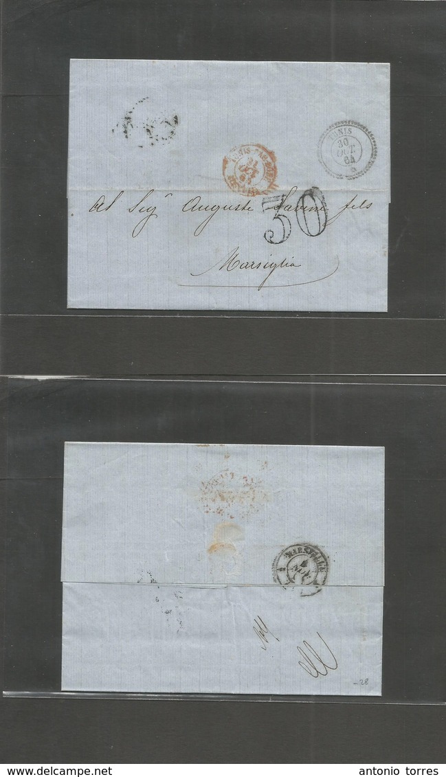 Tunisia. 1864 (30 Oct) Tunis - France, Marseille (4 Nov) EL Full Text / Stampless, Depart Cds + 30  Red "Tunis Par Bone" - Tunesien (1956-...)