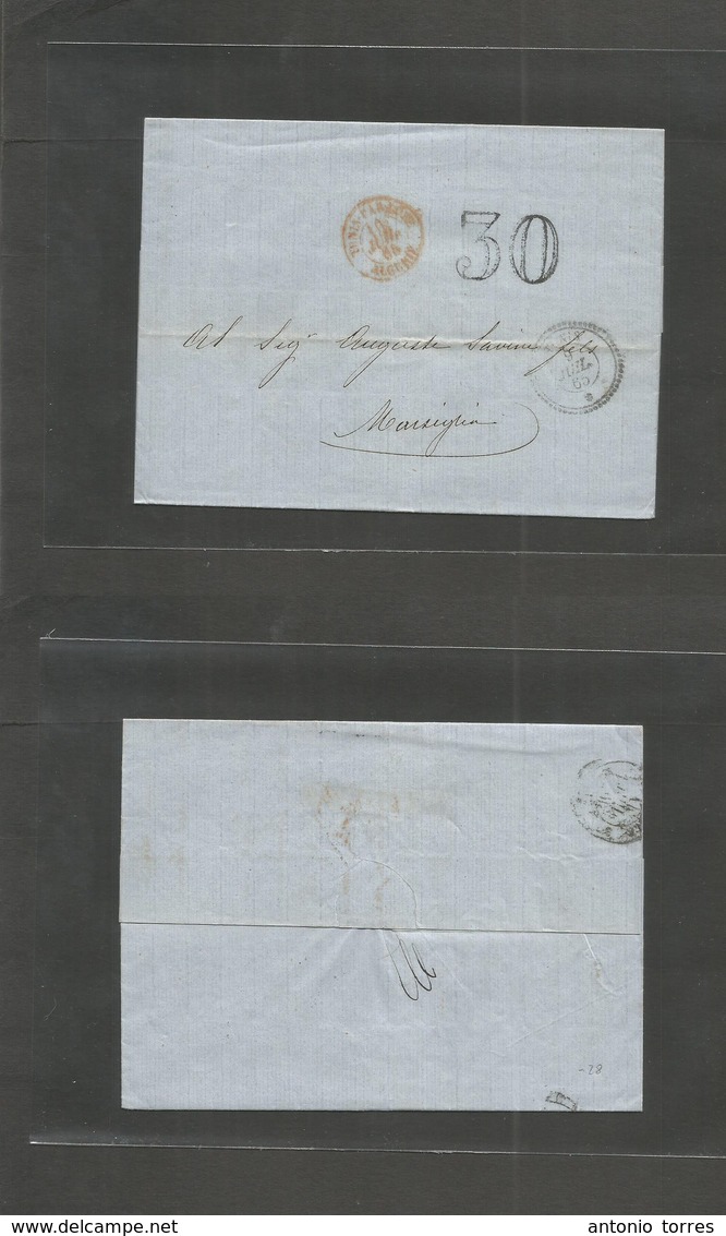 Tunisia. 1865 (9 July) Tunis - Marseille. France. EL Full Text Stampless Depart Cds + 30 + Red "Tunisia Par Bone" Cds. F - Tunesië (1956-...)