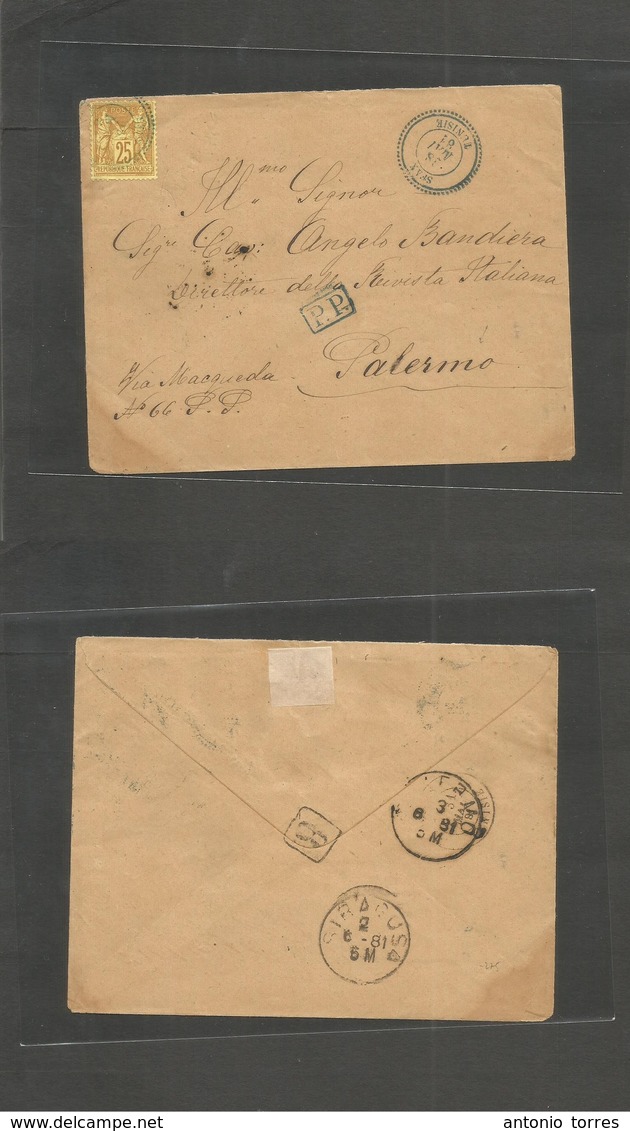 Tunisia. 1881 (28 May) Sfax - Italy, Sicily, Palermo (3 June) Fkd Envelope France 25c Sage, Tied Blue Cds. Fine Origin + - Tunisia