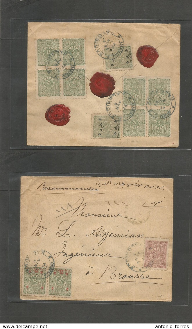 Turkey. C. 1898 (8 April) Salonique - Brousse. Reverse And Front Registered Multifkd Envelope + 3 Red Wax Seals. Fine. - Other & Unclassified