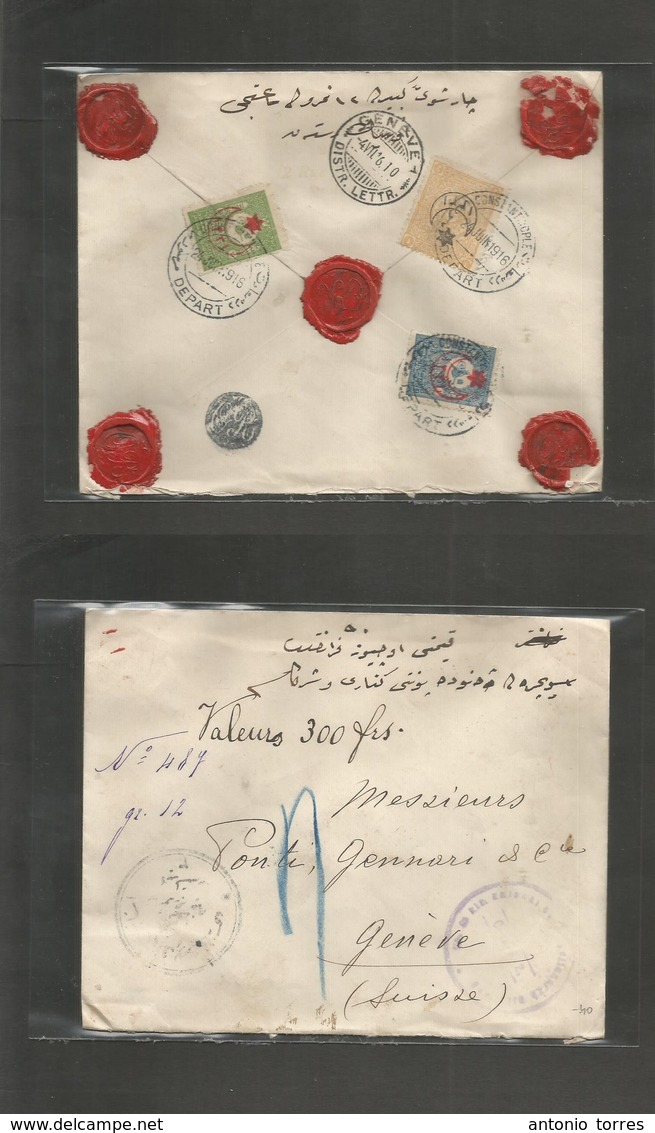 Turkey. 1916 (24 June) Constantinople - Swtizerland, Geneve (4 July) Registered Issue 300 Frs Censored, WWI Reverse Mult - Other & Unclassified