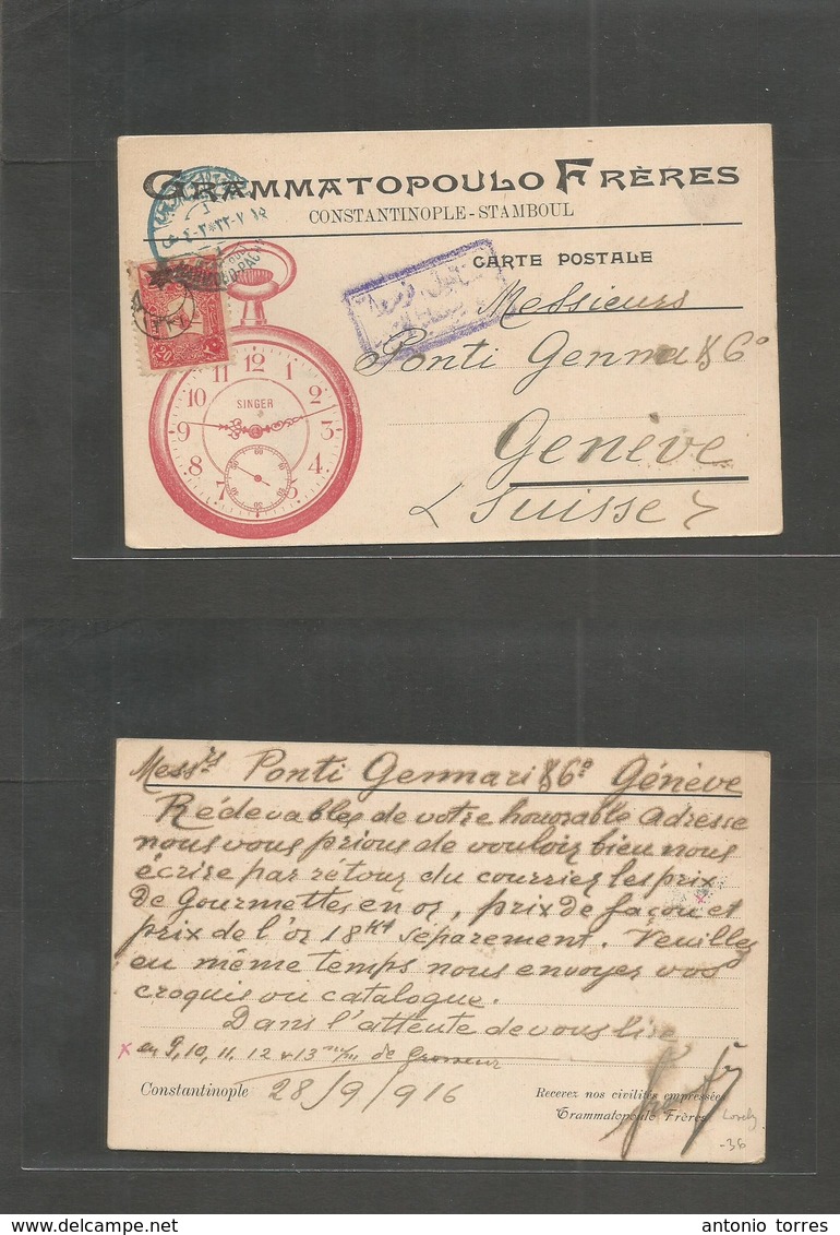 Turkey. 1916 (28 Sept) Constantinople, Mahmoud - Switzerland, Geneve. Watches Business. Color Ilustrated Private Card Fk - Other & Unclassified