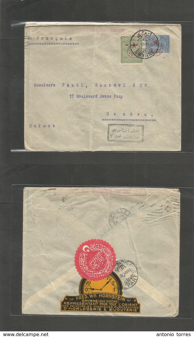Turkey. 1917 (11 June) Smyrne - Switzerland, Geneve (8 July) Ovptd Stationery Envelope + Adtl Reverse Watch Illustrated  - Other & Unclassified