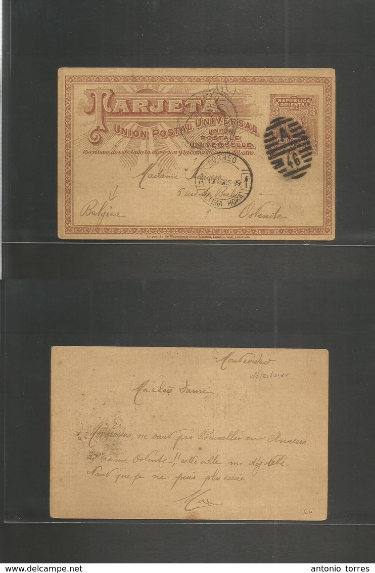 Uruguay. 1899 (19 Aug) Montevideo - Ostende, Belgium. Via Lisbon. 3c Brown Stationery Card All Transits On Front + "ULTI - Uruguay
