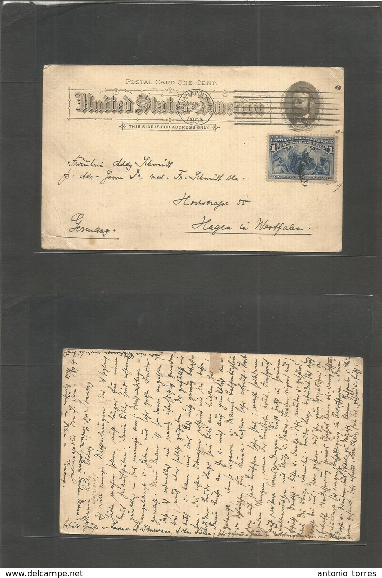 Usa - Stationery. 1894 (7 Jan) Indianapolis - Germany, Hagen 1c Black Stat Card + Adtl, Tied Rolling Cachet + Aux Cachet - Otros & Sin Clasificación
