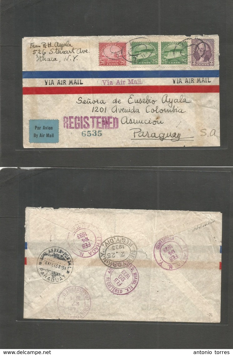 Usa - Xx. 1933 (24 Febr) Ithaca, NY - Paraguay, Asuncion (8 Mar) Registered Air Multifkd Envelope 73c Rate. - Andere & Zonder Classificatie