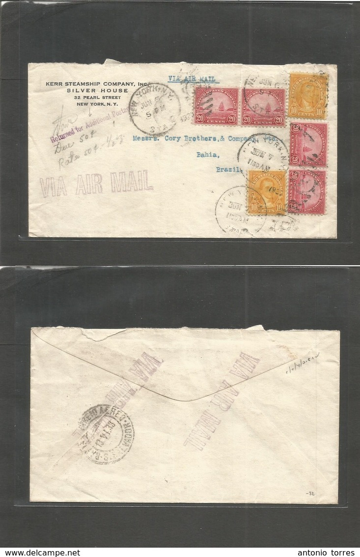 Usa - Xx. 1933 (6 June) NY - Brazil, Bahia (13 June). Air Multifkd Envelope "Returned For Adtl Postage" At Additional Do - Other & Unclassified