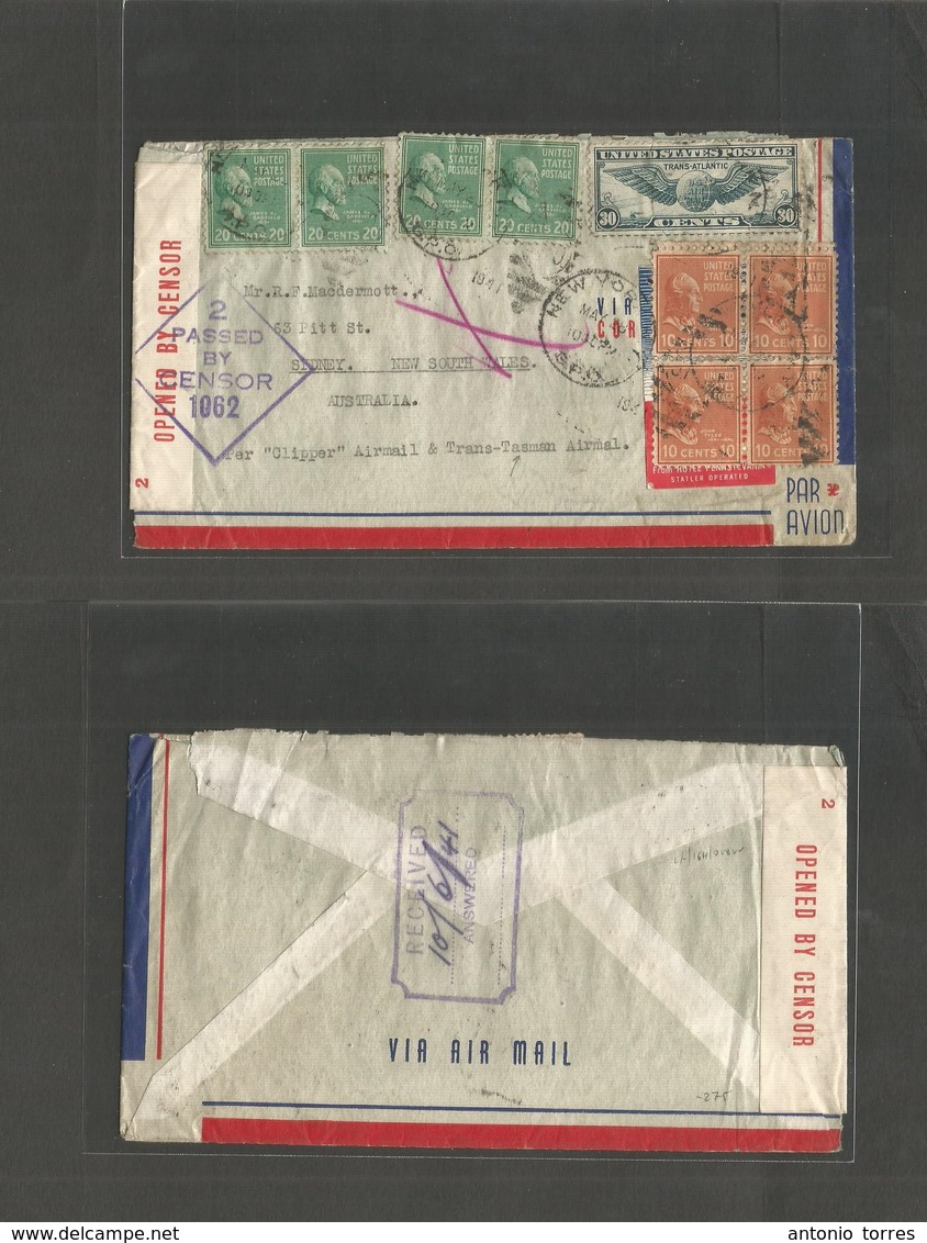 Usa - Prexies. 1941 (28 May) NYC - Australia, Sydney, NSW (10 June) Air Multifkd + Arrival Censor Envelope Via Pacific C - Other & Unclassified