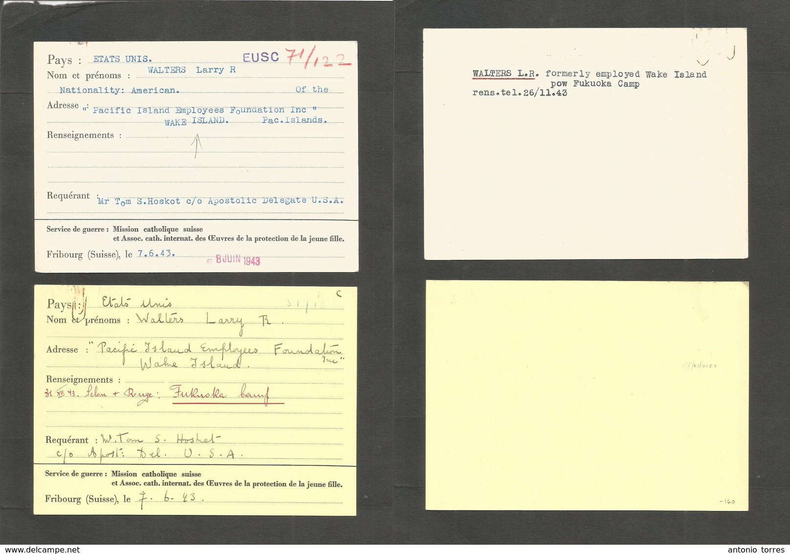 Usa - Wake Island. 1943 (7 June) America POW Via Swiss Missionary Catholic. 2 Cards Of Civil Service Internee. Very Intr - Other & Unclassified