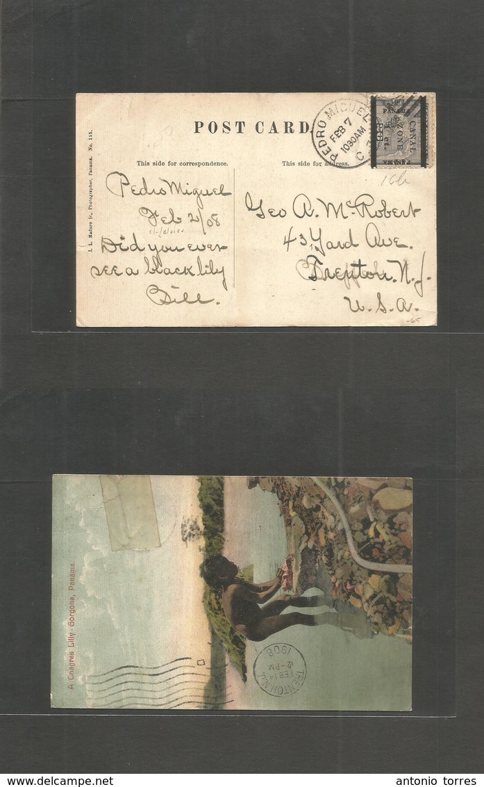 Usa-Canal Zone. 1908 (2 Feb) Panama Ovptd Issue. Pedro Miguel - USA, Trenton, NJ. Fkd Card 1ct Cds. Fine. - Sonstige & Ohne Zuordnung