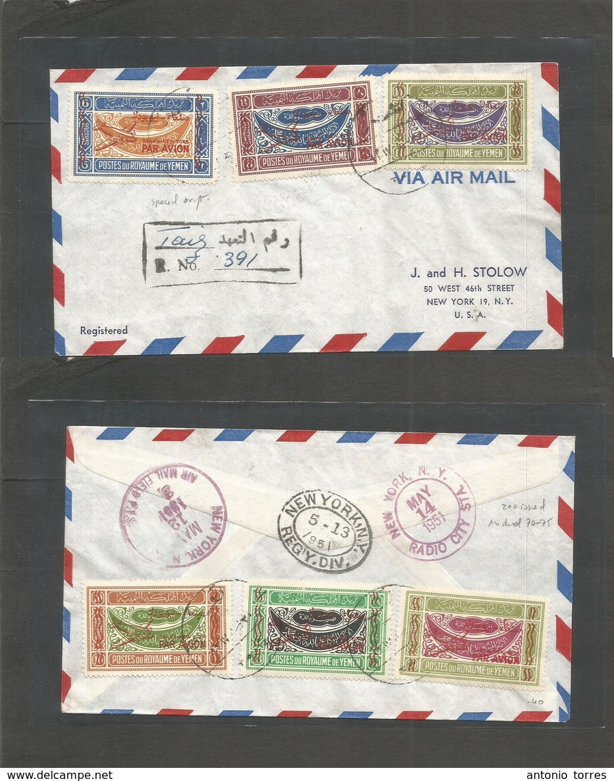 Yemen. 1951 (Apr - May) Taif - USA, NYC (12-13 May) Sanaa - New York Ovptd Issue. Registered Air Multifkd Envelope + R - - Yemen