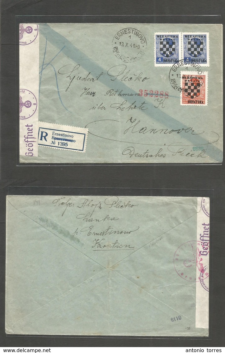 Yugoslavia. 1941 (13 Oct) Ernestinovo - Germany, Hannover. Registered Ovptd Multifkd Envelope. Nazi Censor. Scarce Villa - Sonstige & Ohne Zuordnung