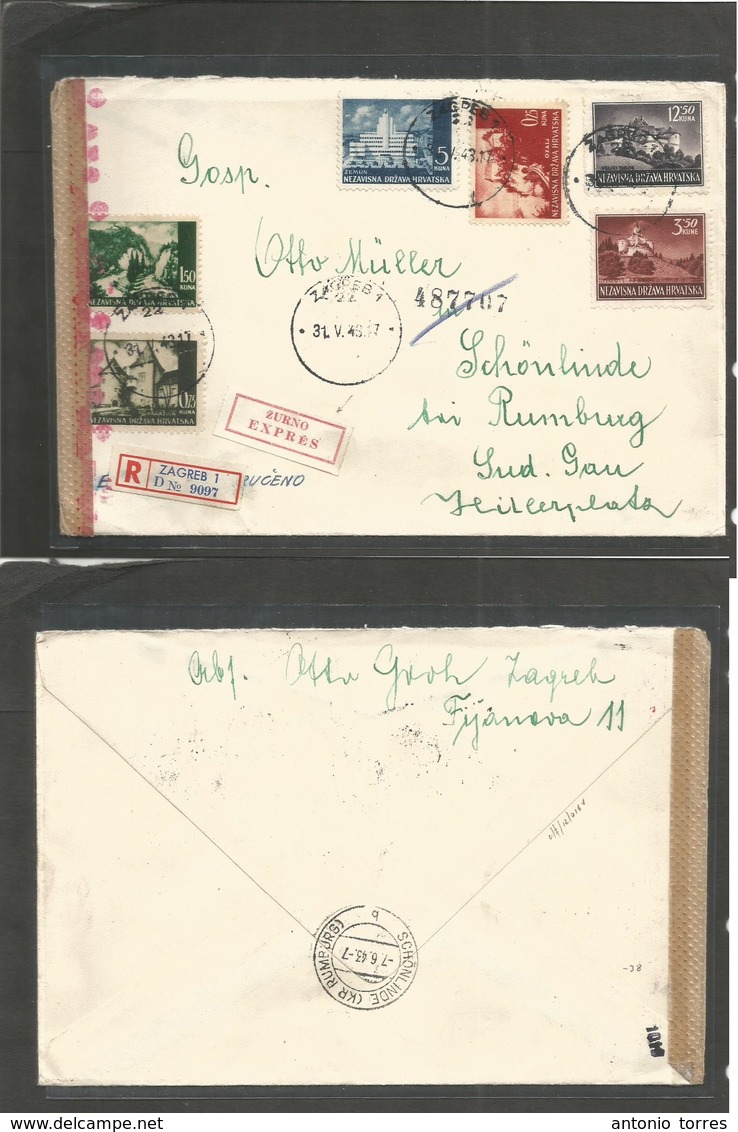 Yugoslavia. 1943 (31 May) Zagreb - Schönlinde, Germany (7 June) Registered Multifkd Express Service Envelope. Nazi Censo - Other & Unclassified