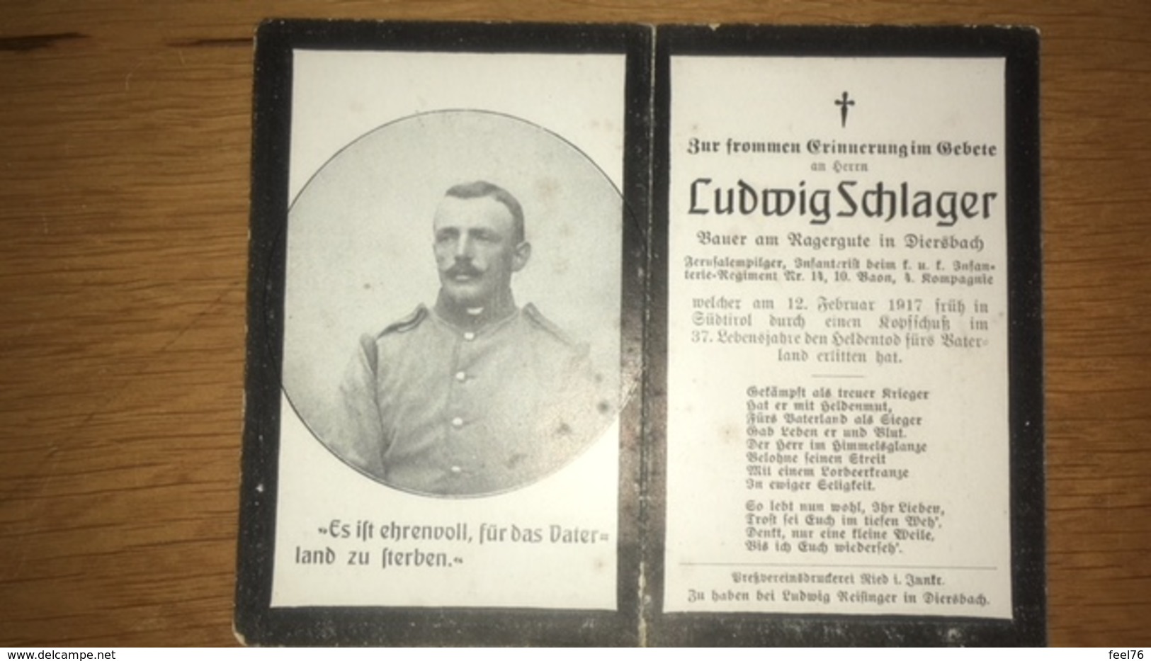 Sterbebild Wk1 Ww1 Bidprentje Avis Décès Deathcard KUK IR14 SÜDTIROL Jerusalempilger 12. Februar 1917 Aus Diersbach - 1914-18