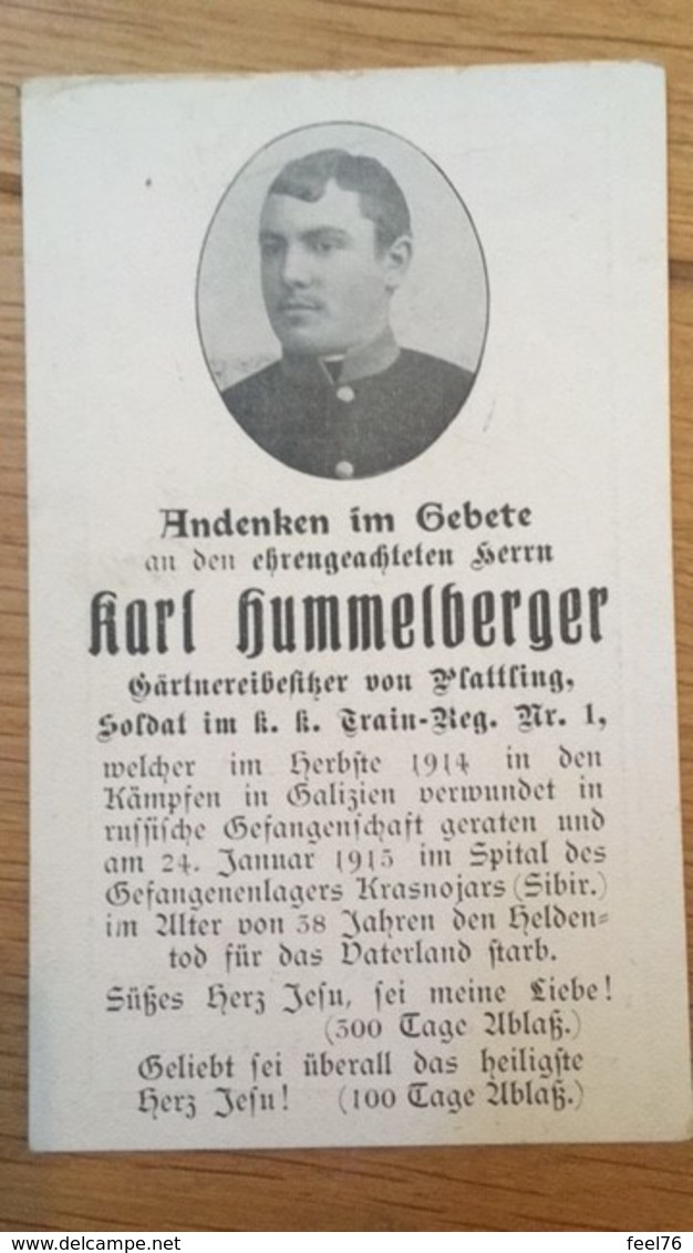 Sterbebild Wk1 Ww1 Bidprentje Avis Décès Deathcard KUK Train Regt. 1 Galizien Krasnojars Sibirien Gefangen Aus Plattling - 1914-18