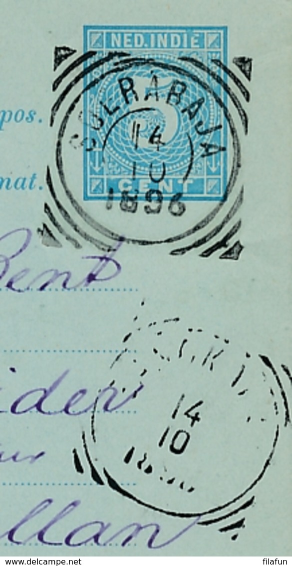 Nederlands Indië - 1896 - 5 Cent Cijfer, Briefkaart G10 Van VK Soerabaja Naar VK Bangkalan - Indie Olandesi