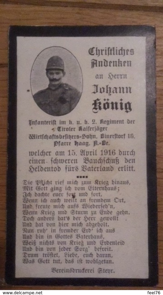 Sterbebild Wk1 Ww1 Bidprentje Avis Décès Deathcard KUK Tiroler Kaiserjäger 2 Aus Binerstorf Haag 15. April 1916 - 1914-18