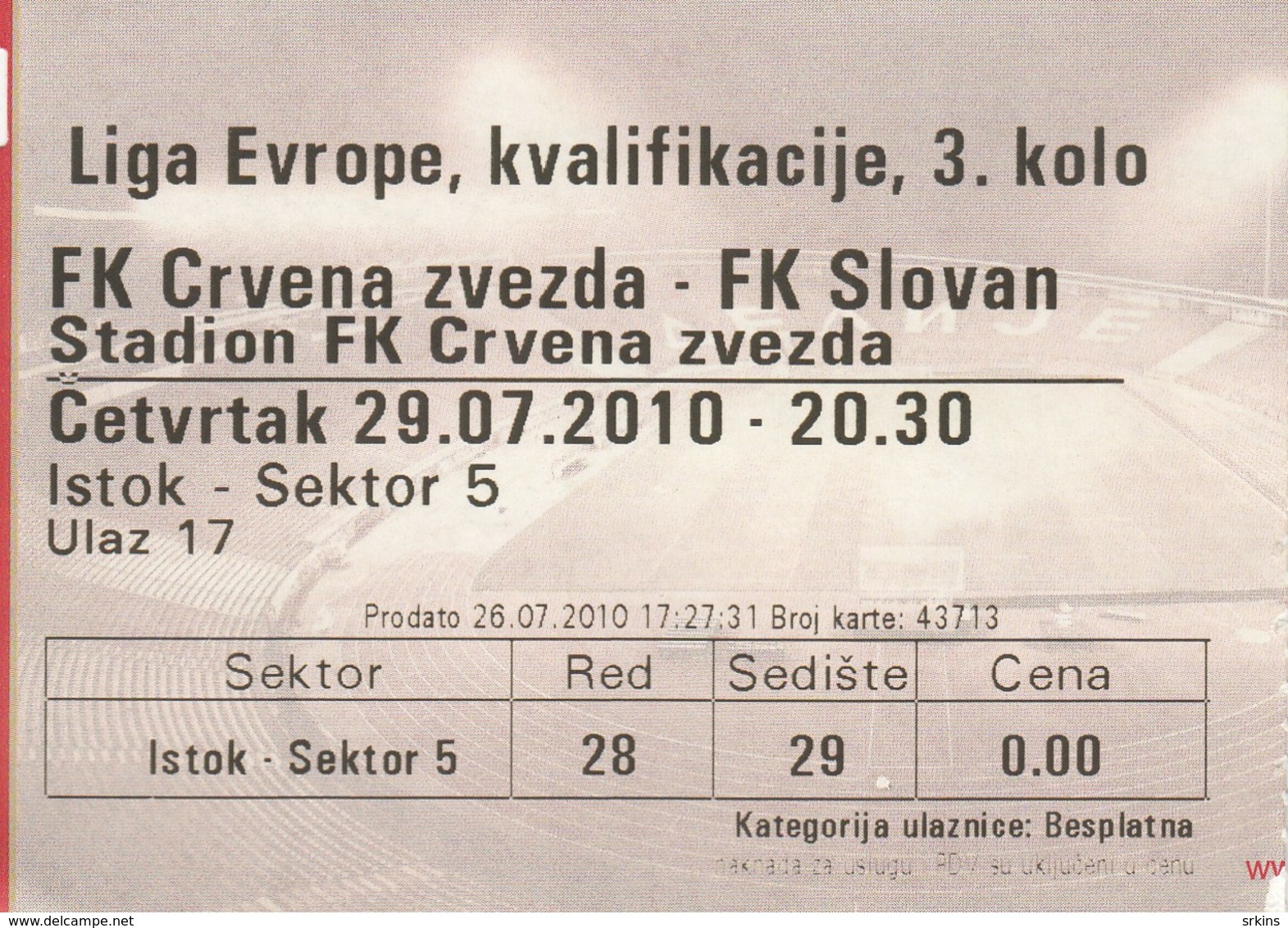 Ticket FC Red Star Crvena Zvezda Belgrade Serbia  FC Slovan Bratislava Slovakia 2010. Fc Football Match UEFA - Tickets D'entrée