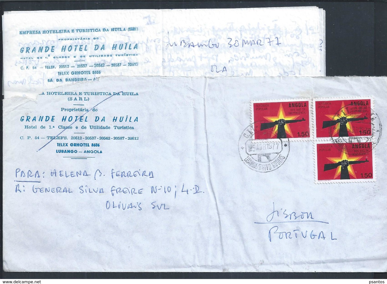 Carta Registada Do Grande Hotel De Huíla Expedida De Luanda, Brito Godins, 1977. Registered Letter Issued From Luanda. 2 - Angola