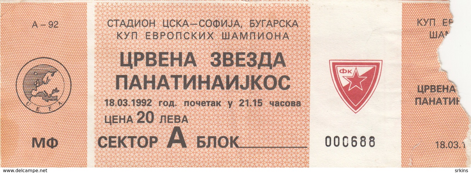 Ticket FC Red Star Crvena Zvezda Belgrade Serbia  FC Panathinaikos PAO Athens Greece 1992. Fc Football Match UEFA - Tickets & Toegangskaarten