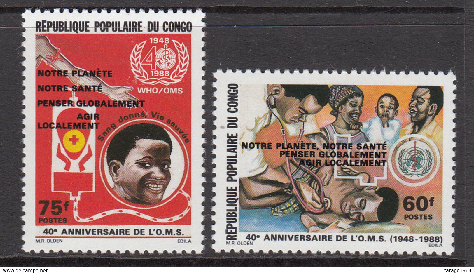1989 Congo Brazzaville WHO Overprint "Healthcare For Everyone"  Complete Set Of 2 MNH - Mint/hinged