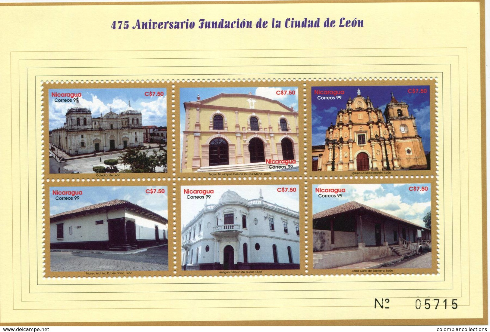 Lote 2315, Nicaragua, 1999, Pliego, Sheet, City Of Leon, Cathedral, Theater, Ruben Dario Museum - Nicaragua