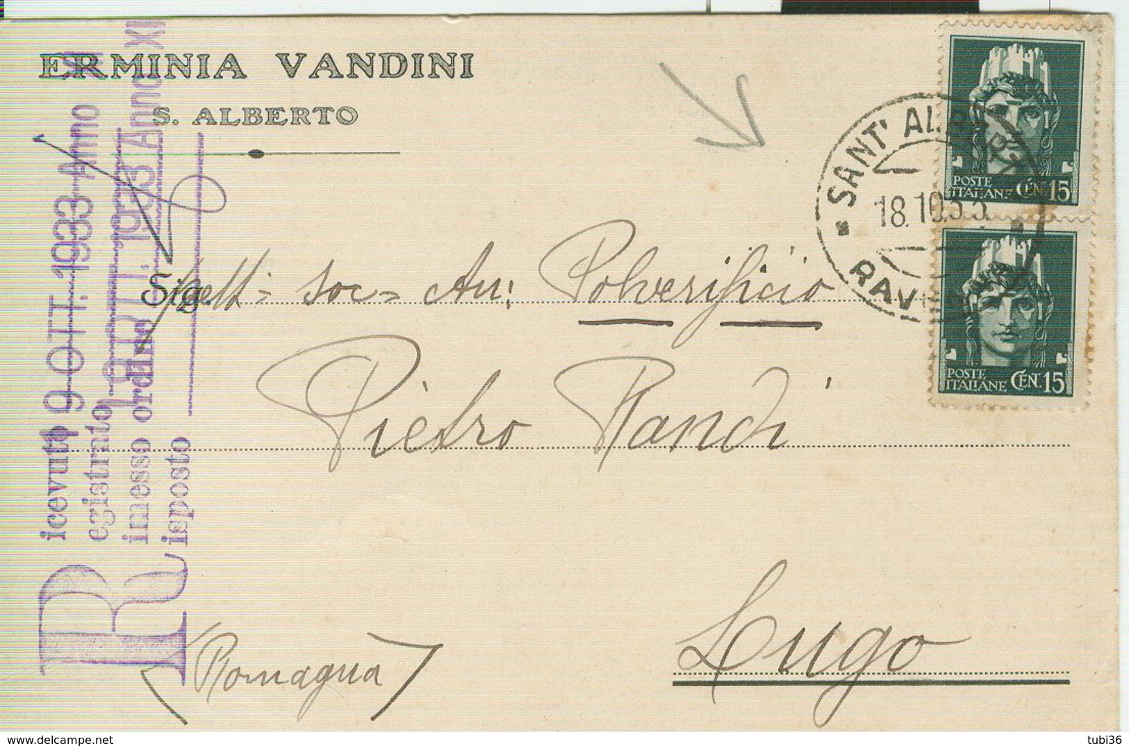 IMPERIALE Cent.15X2,TARIFFA C.P.privata,TIMBRO POSTE SANT'ALBERTO (RAVENNA)-LUGO,ERMINIA VANDINI-S.ALBERTO (RAVENNA) - Storia Postale