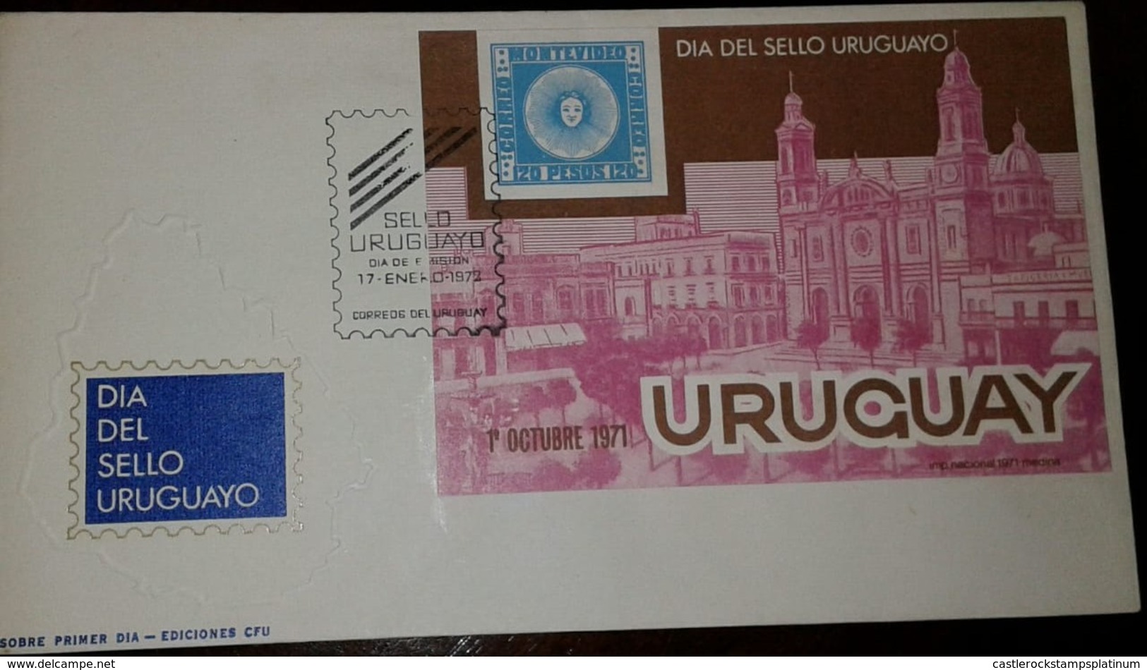 L) 1972 URUGUAY, DAY OF THE URUGUAYO SEAL, 120 PESOS, BLUE, MONTEVIDEO, ARCHITECTURE PINK, PALM, 1st OCTOBER 1972,  FDC - Uruguay