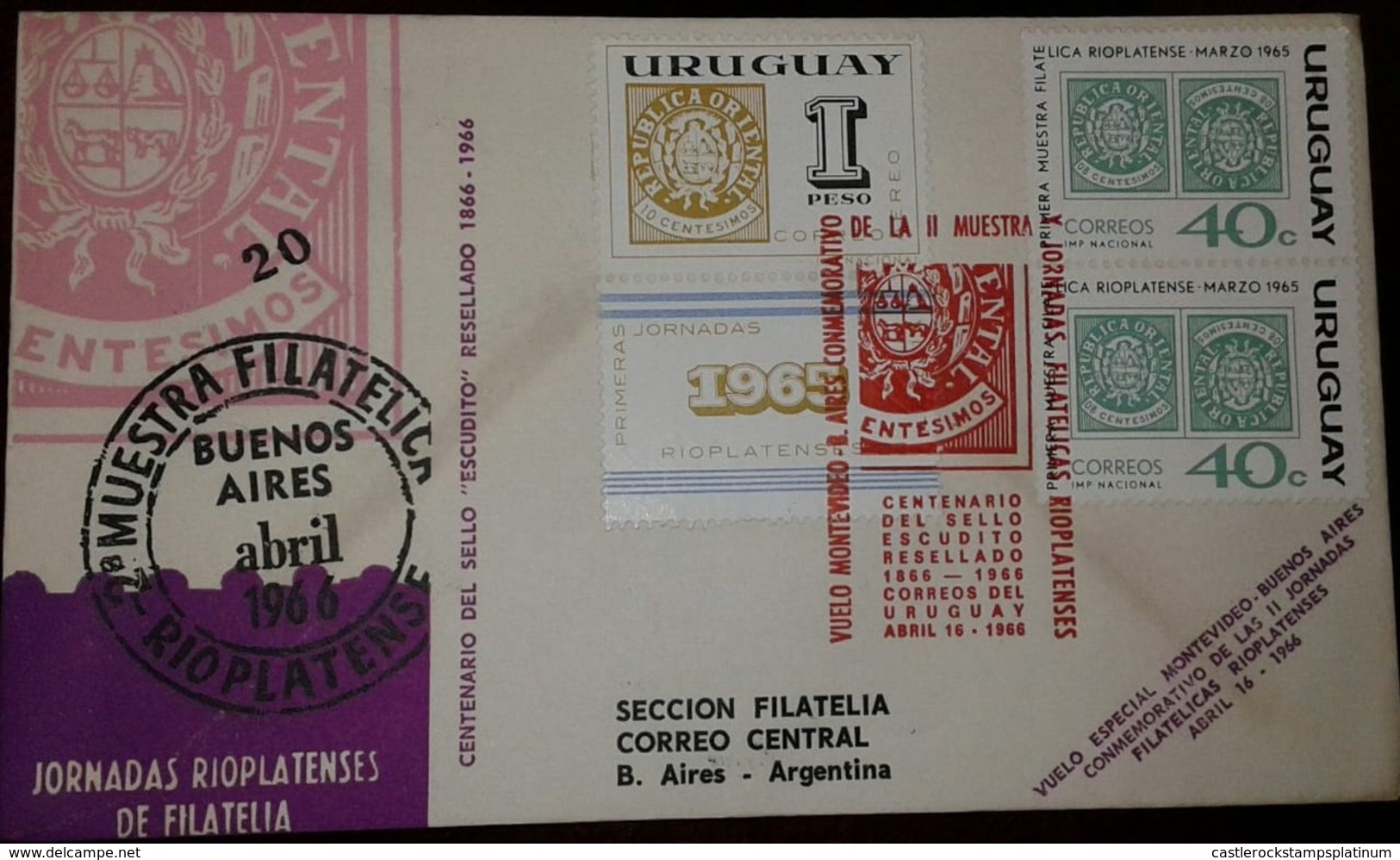 L) 1966 URUGUAY, FIRST DAYS RIOPLATENSES, 1965, CENTENARY OF THE RESETTED COAT OF SEAL 1866-1966, 40C, GREEN, SPECIAL FL - Uruguay