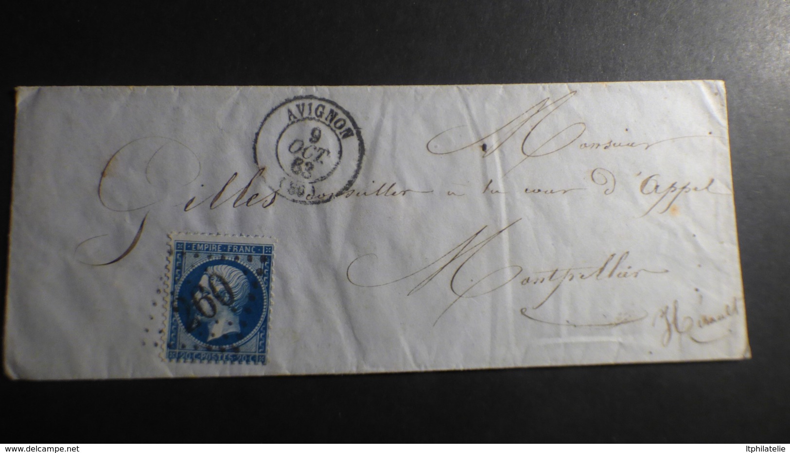 FRANCE   LETTRE ENVELOPPE  AVIGNON  9 OCTOBRE 1863  POUR MONTPELLIER - 1862 Napoléon III