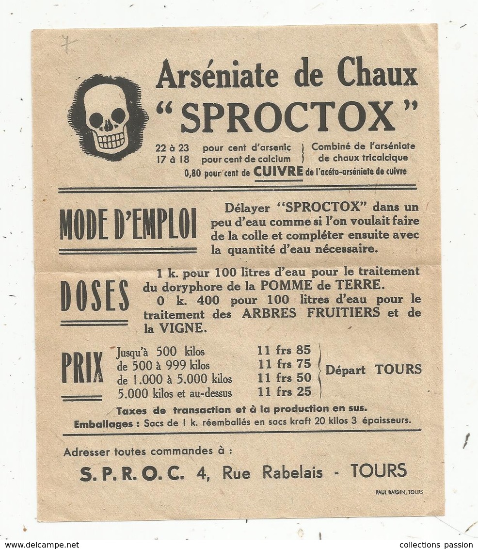 Publicité, Arséniate De Chaux SPROCTOX , S.P.R.O.C. , Tours ,37 ,tête De Mort ,frais Fr 1.45 E - Publicités