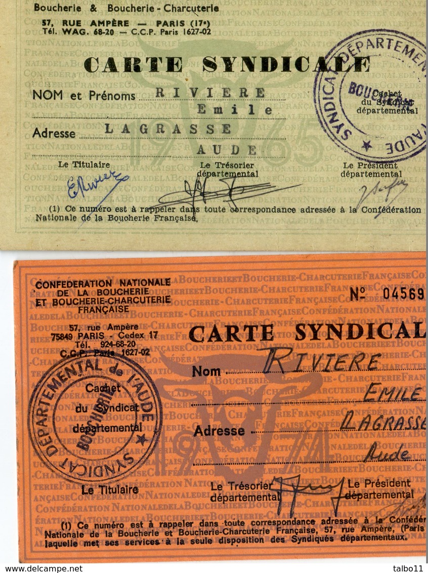 Lot De 2 Documents - Cartes Syndicales De La Confederartion Nationale Des Bouchers Et Charcutiers - Alimentaire